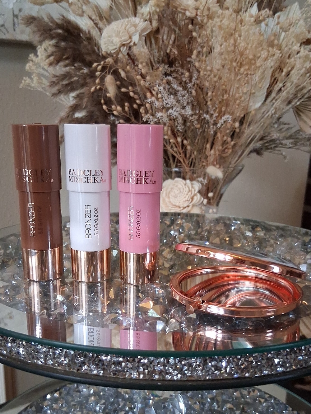 New Badgley Mischka Blush Makeup Cream Trio Set With Compact Mirror